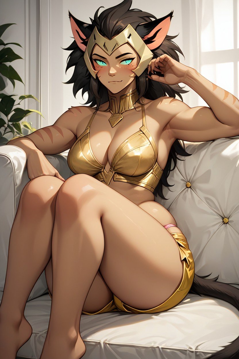 Front View, Sits On The Couch And Plays On The Console, Dressed In A Gold Top Porno IA Hentai