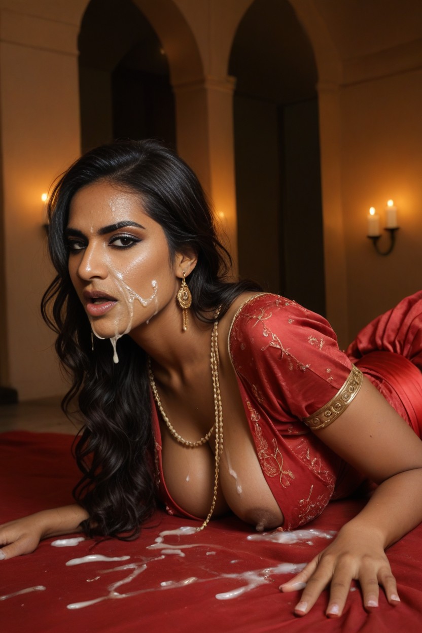 A Woman In A Traditional Indian Sari Posing For A Picture, Long Wavy Black Hair, Random Solo Pose AI Porn