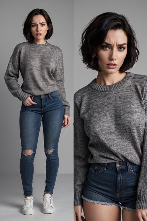 Angry, Oversized Grey Sweater, Jeans Asian AI Porn