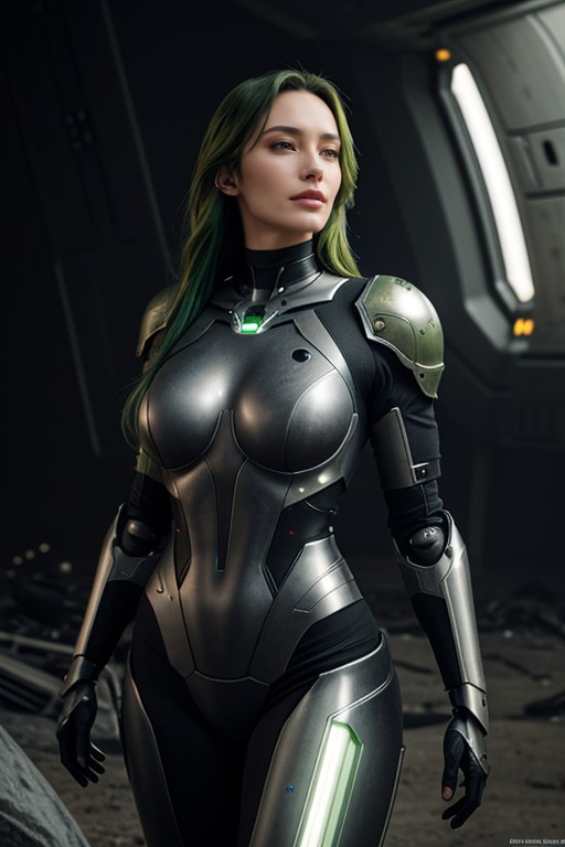 Voluminous Green Hair Black Armor Covering Her Body A Laser Cannon Resting On Her Shoulder Background A Destroyed Alien Planet, Black Void Perfect Feminine Figure Large Bust, Wide Hips Ultra High Detail Resolution AI黃漫