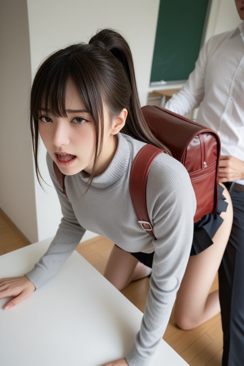 Carrying A Red School Backpack, Frange, De Haut En Bas Porno IA Asiatique