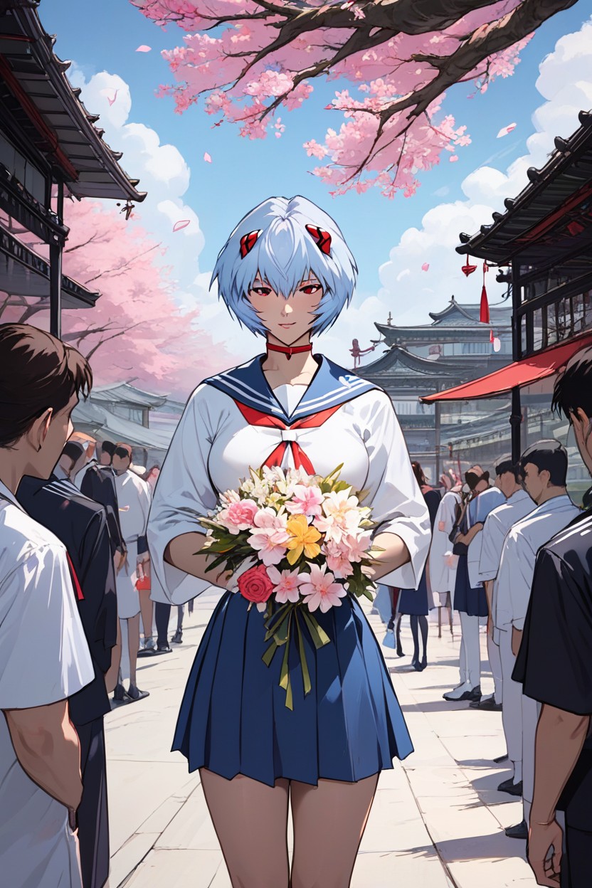 Rei Ayanami From Neon Genesis Evangelion, Camera View, Holding A Bouquet Of Flowers Hentai AI Porn