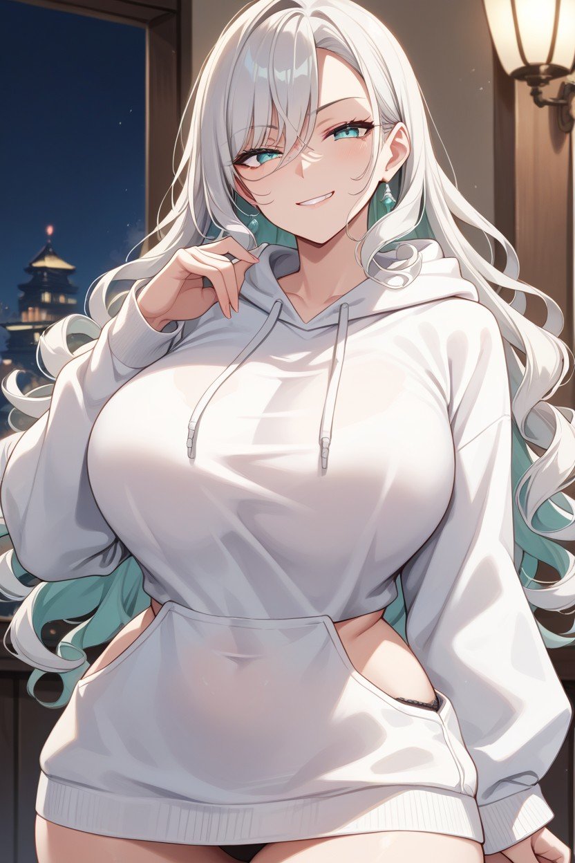 Bunda Enorme, Peito Grande, White Hair Blue Eyes Long Hair Curly Hair Curvy Woman White Hoodie Smirk Mischievous Hentai IA pornografia