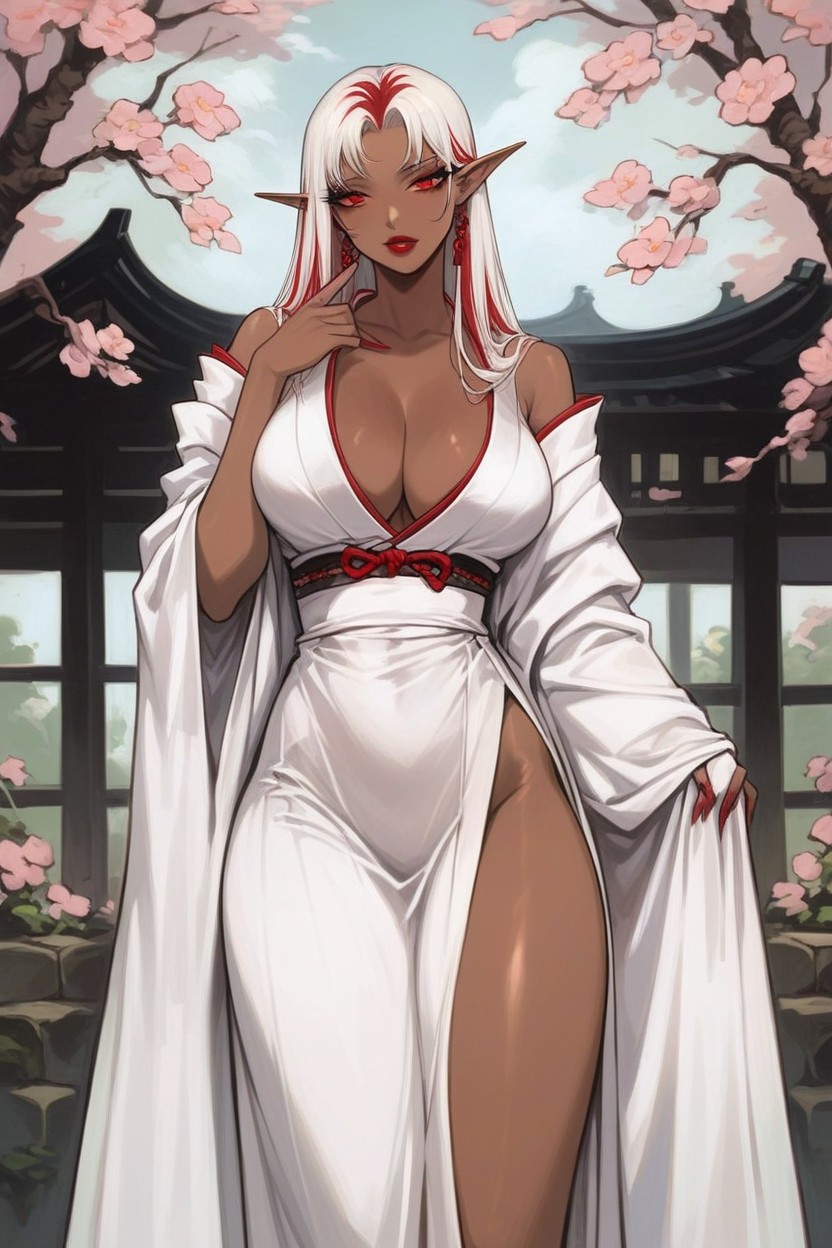 White Hair With Red Highlights, Beautiful Face, Pechos Masivos Hentai IA