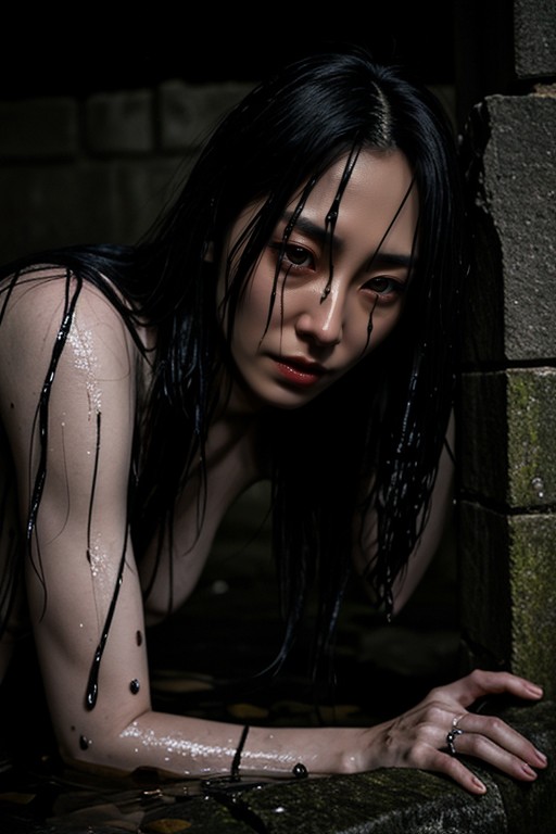 And Damp Skin + Long, Sadakohorror-style Monster From "the Ring"+ Pale, Wet Asian AI Porn