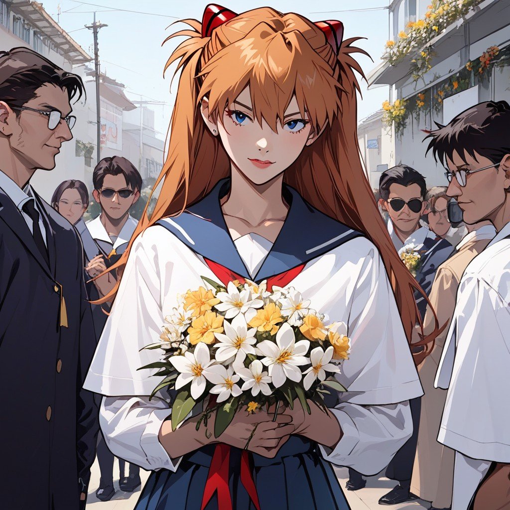 Uniforme De Marinero, Holding A Bouquet Of Flowers, Plano Mediot Hentai IA