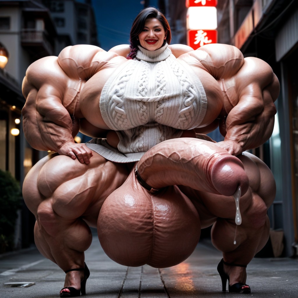 Hyper Gigantic Massive Muscles, Hyper Gigantic Massive Testicles, Black Hair Shemale AI Porn