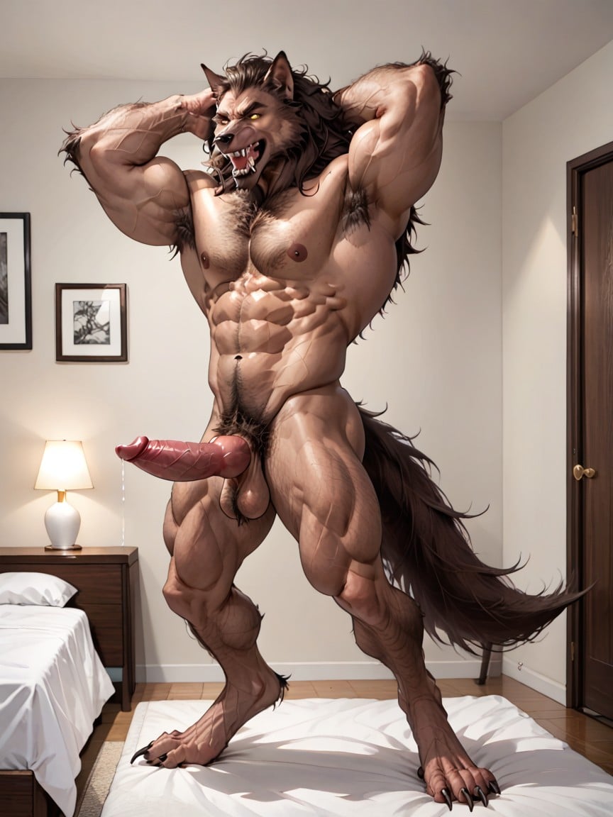 Werewolf Body Is Covered With Light Brown Fur, Small, Body Of Werewolf Looks Like A Monstrous Beast AI Gay Porn