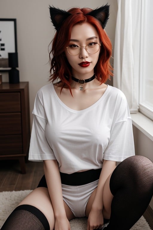 T-shirt Surdimensionné, Choker, Oreilles De Chat Porno IA Hentai