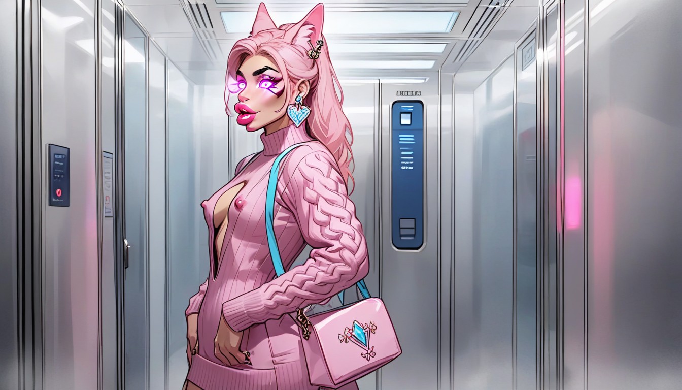 Bimbo, Elevator Glowing, Pink Glowing Elevator AI Porn