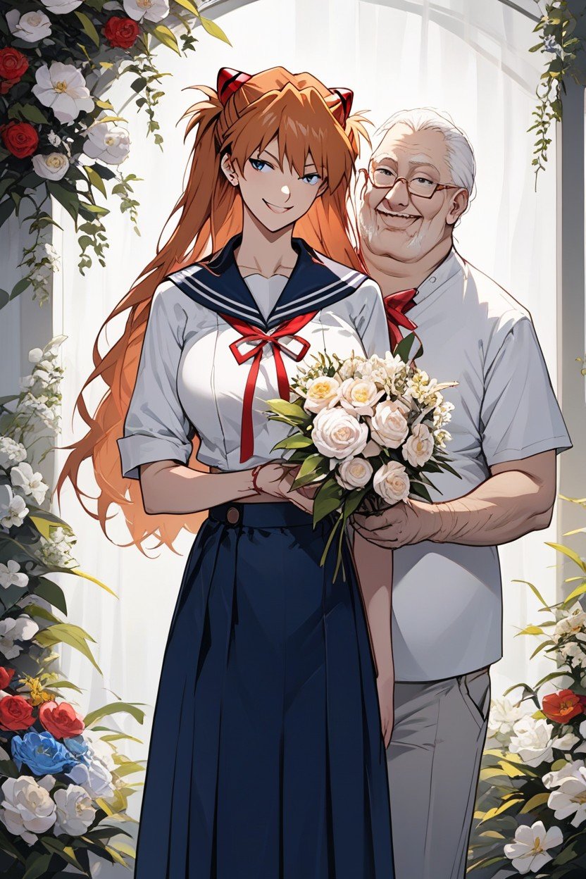 Smile, Holding A Bouquet Of Flowers, The Bald Fat Old Man Grabs Her Shoulders Hentai IA pornografia