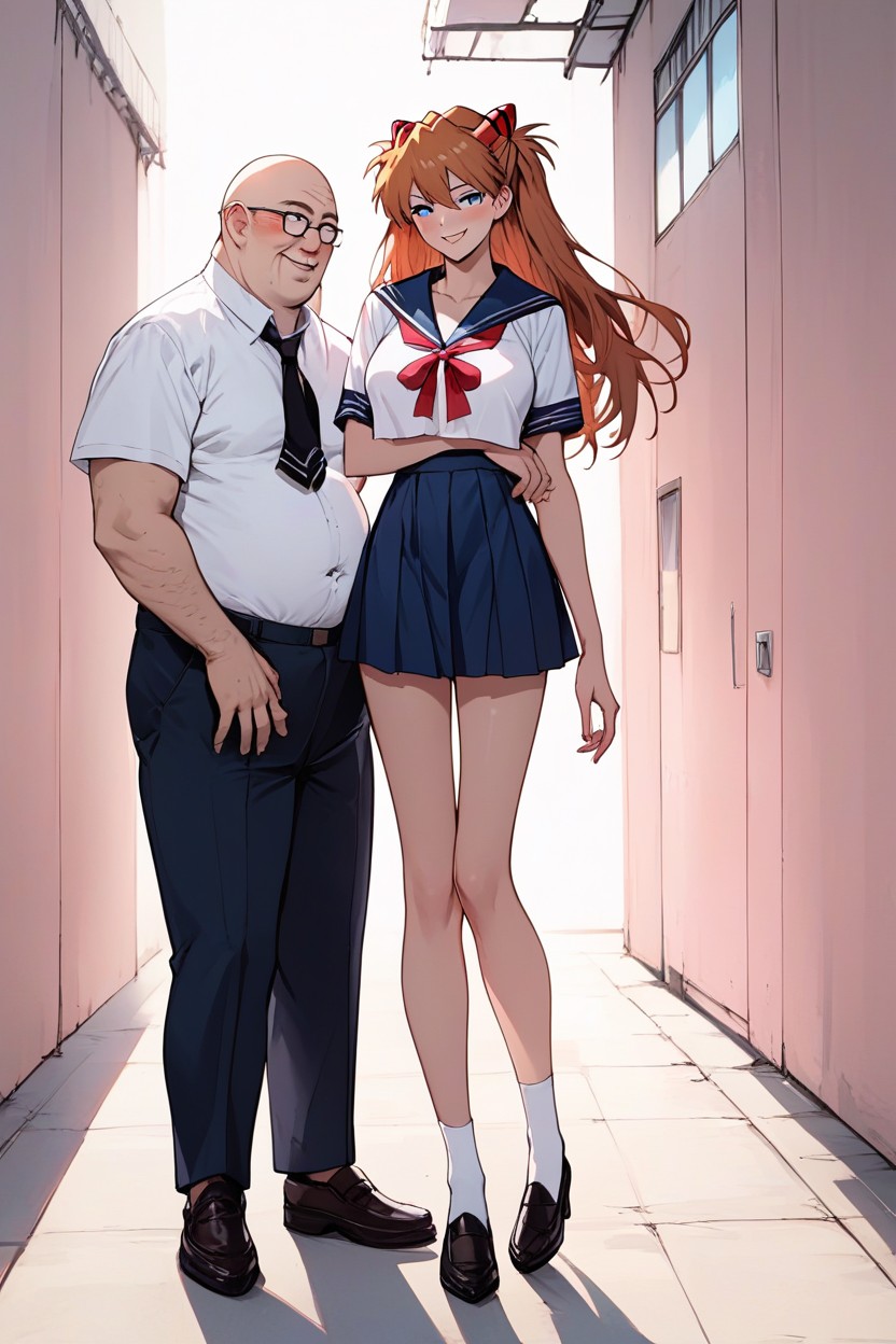 Asuka Langley Soryu From Neon Genesis Evangelion, Pink Interior Light, Bald Fat Old Man Is Grabbing Her Shoulders ヘンタイAIポルノ