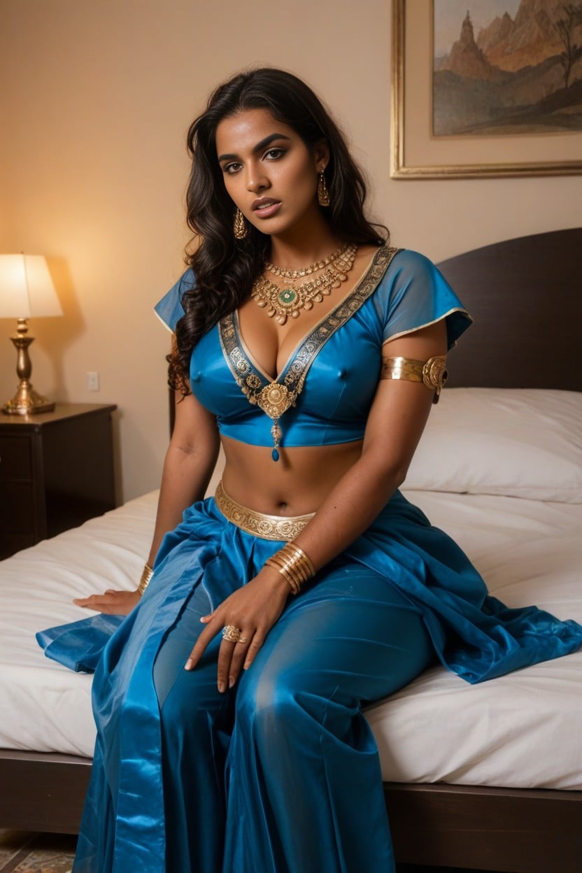 Ornate Blue Gold Satin Sari, Navel, Looking At Viewer AI Porn