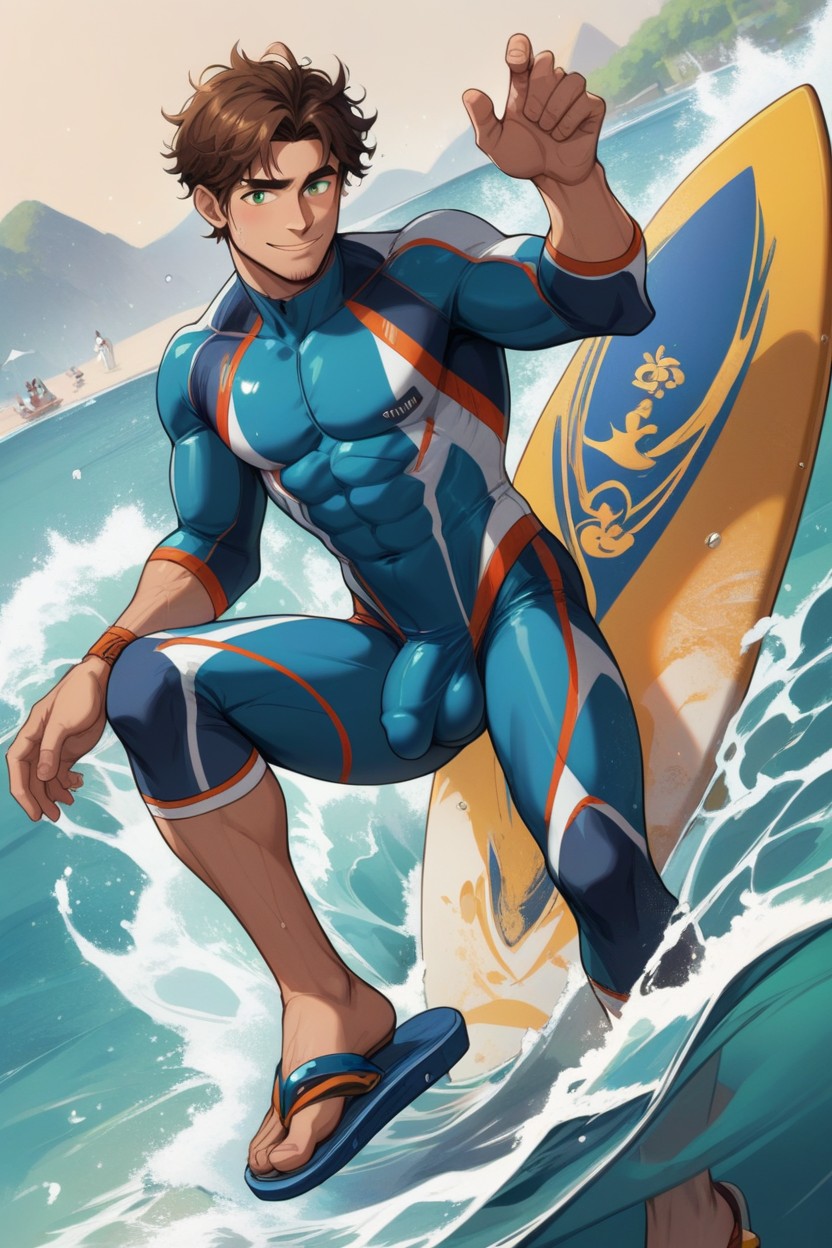 18+, Brown Hair, Blue And White Wetsuit Pornografia gay com IA