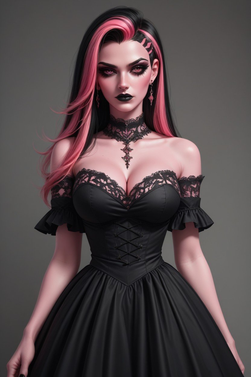 Pink Skin, Draculaura From Monster High, Black Gothic Dress With White Lace 헨타이 AI 포르노