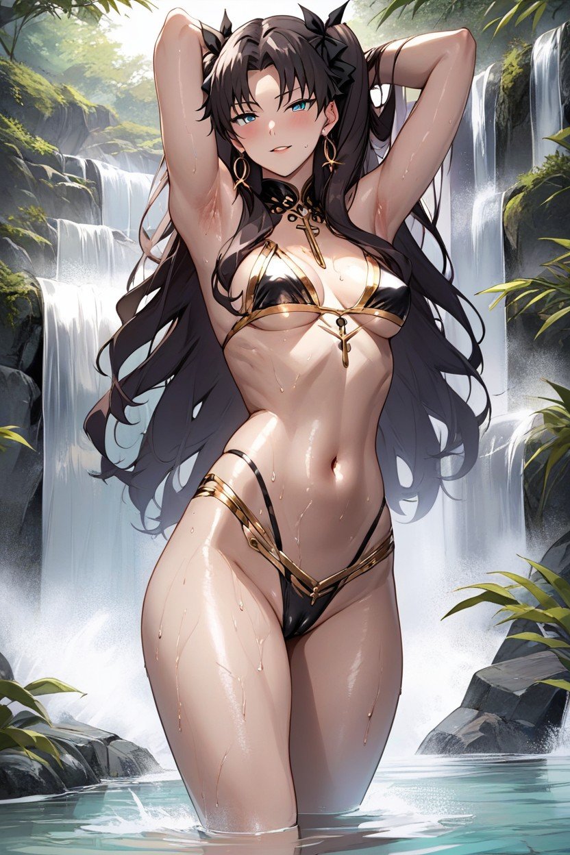 Richly Adorned With Golden Ornaments The Top Features White Cups With Gold Detailing Around The Neckline, Two Piece Bikini Costume In White And Black, Creating A Fantastical AI黄漫