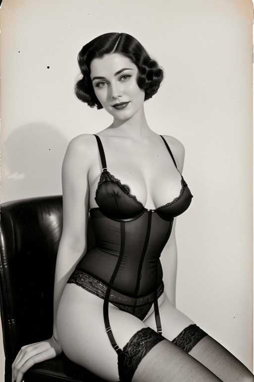 Large Boobs, Real Vintage Photo, Woman In Stockings And Stockings Sitting On A Chair 아시아 AI 포르노