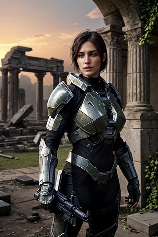 Vines Covering The Ruins, Jet Black Bulky Intricately Detailed Spartan Halo Reach Style Armour With Thick Chest Plate, Stoic And Beautiful Porno asiático IA