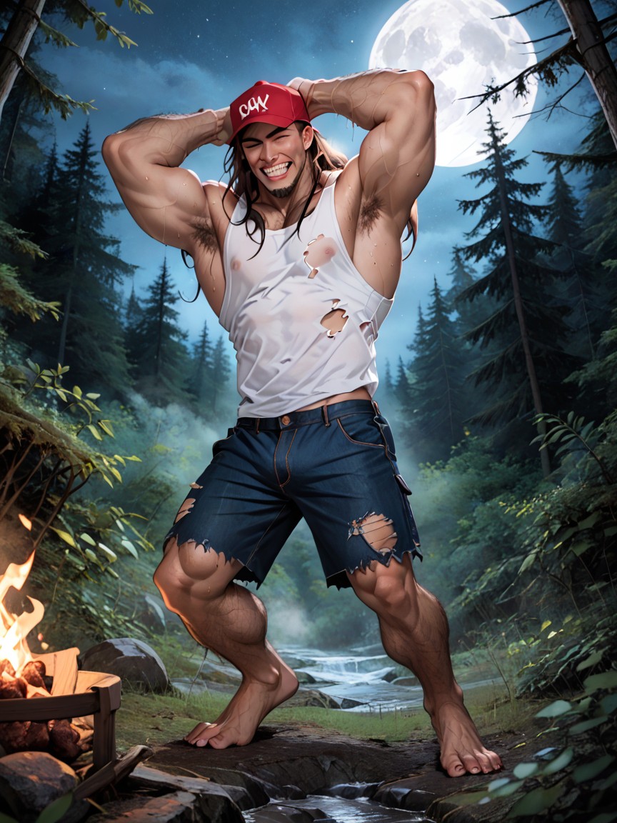 The White Tank Top Is Ripped Exposing His Hairy Chest Muscles And Hairy Stomach, Moist, Highly Detailed Rendering AI Gay Porn