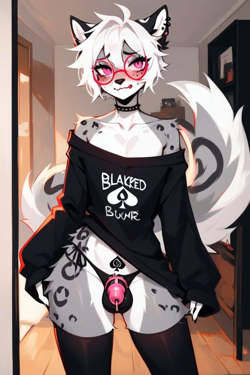 Cock Chastity Cage, Touching Face, Cotton Thigh Highs Furry AI Porn