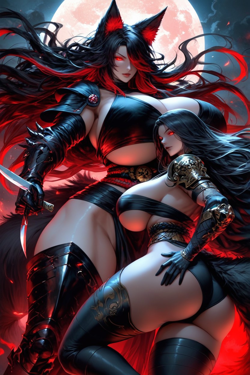 18+, Long Black And Red Fox Ears, Black Metal Hip Armor With Dark Blue Cloth Tasses Hentai AI Porn