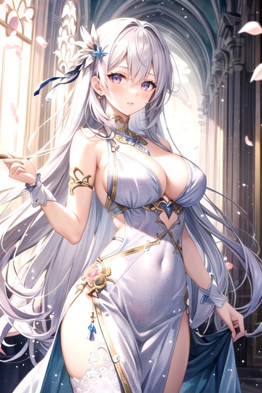 Woman In Elegant Dress Embroidered With Seed Of Life Patterns, Airy And Delicate Particle Floating, Softly Falling Petals Hentai AI Porn