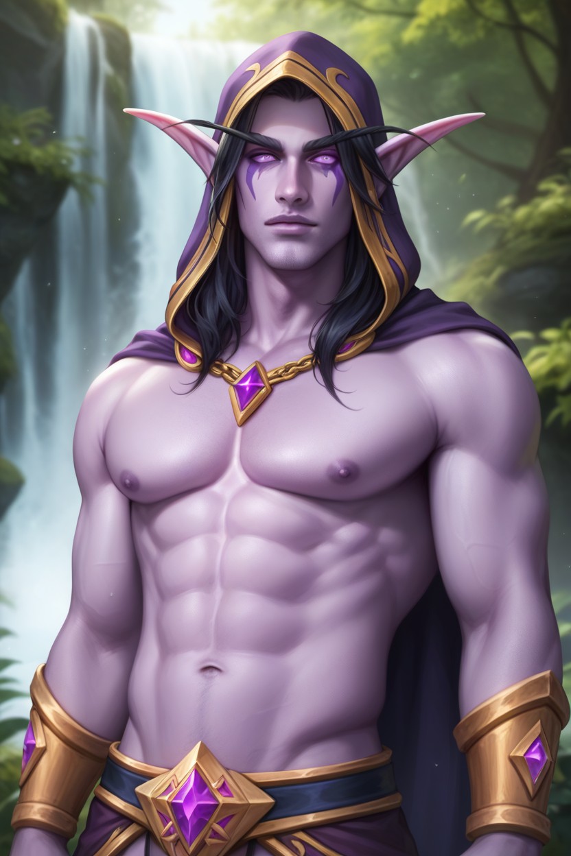 Black Hair Male High Elf, Golden Bracelets On Arms, Golden Necklace With Amethyst AI Gay Porn