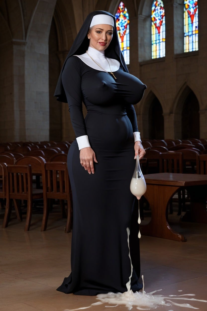 Dutch Angle Shot, Skirt Showing Pussy, Stands Confidently In A The Church MILF AI Porn