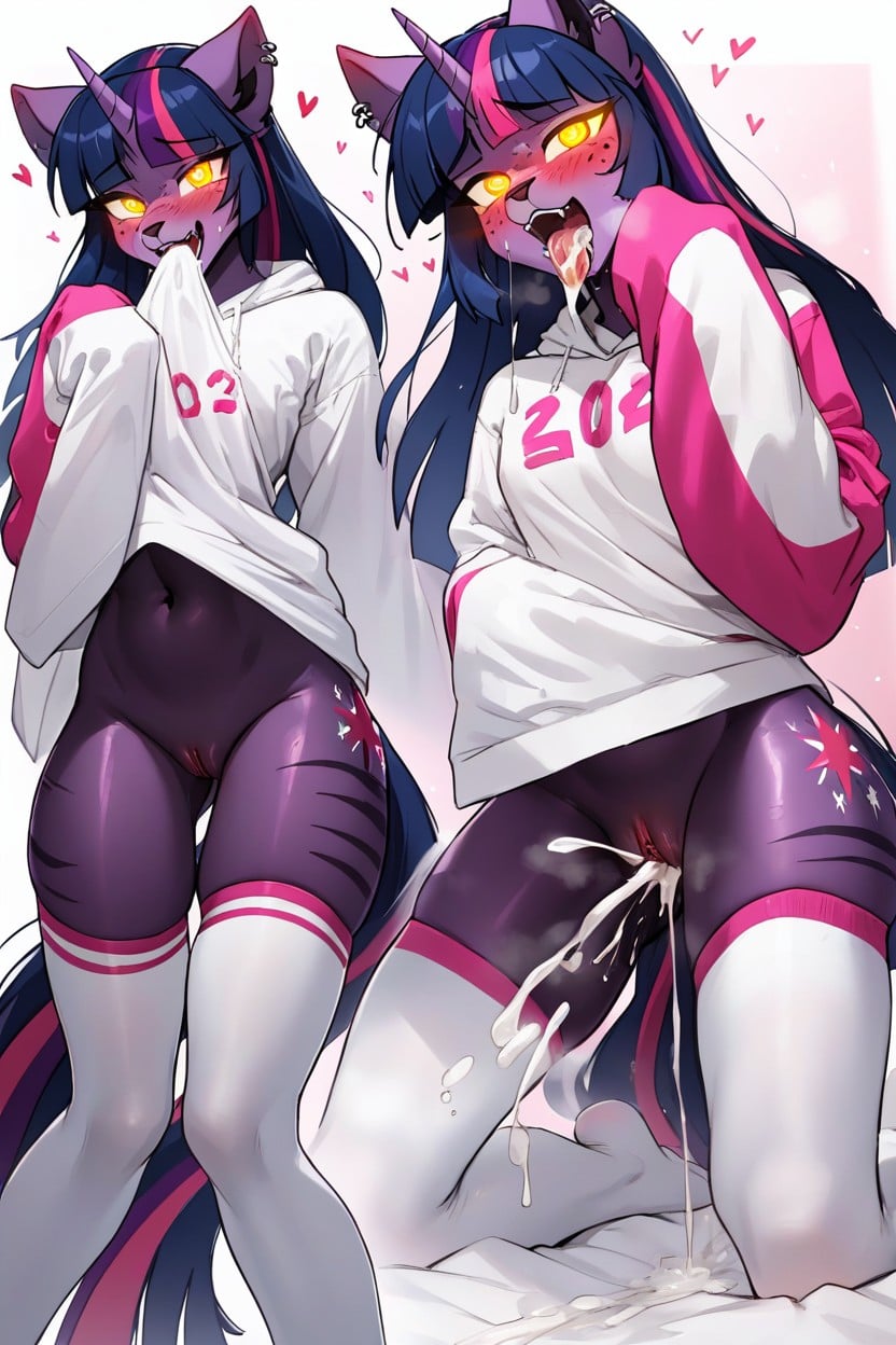 Yellow Eyes, White Cotton Thigh Highs With Stripes, Mouth Visible Furry AI Porn