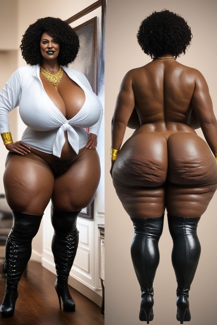 Extremely Large Ass, Hands On Hips, Dark Black Oily Skin Nigerian Woman Looking At Viewer With Gold Wristbands AI Porn