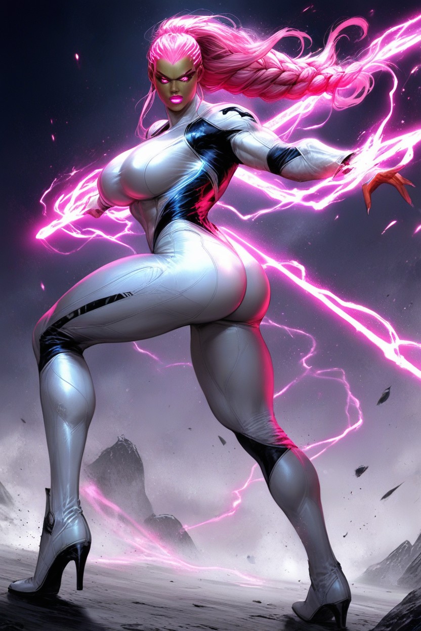 Glowing Neon Pink Eyes, Model, White Racing Suit AI Porn