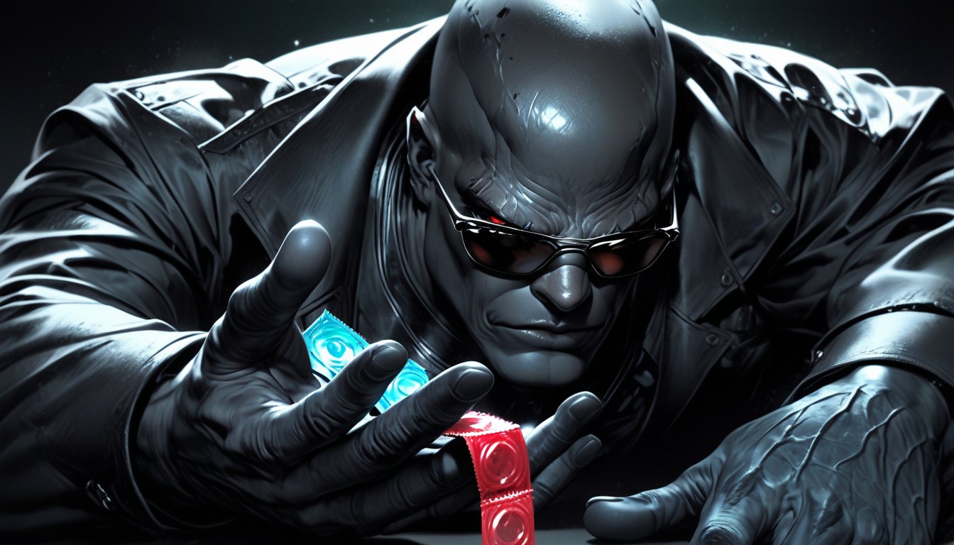 Black Background, A Blue Condom Lying In His One Hand, Complete Dark Hentai IA