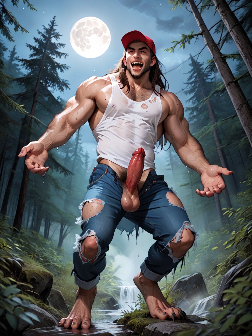 The Werewolf Depicted Resembles A Massive Muscular Standing On Muscular Hairy Digitigrade Legs, Ripped Clothes , Arms Spread AI Gay Porn