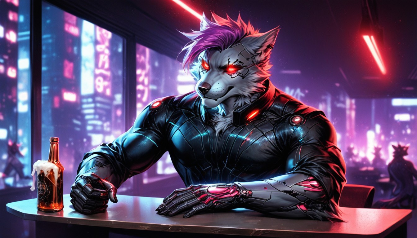 Sit Inside A Cyberpunk Cafee, Detailed Body Fluffy Fur, High Resolution Furry AI Porn