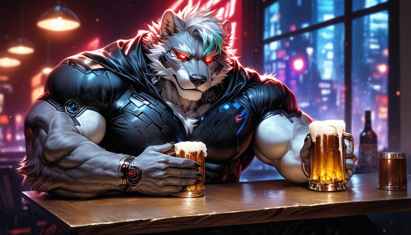 Grabbing One Jar Of Beer, Sit Inside A Cyberpunk Cafee, Depth Of Field ファーリーAIポルノ