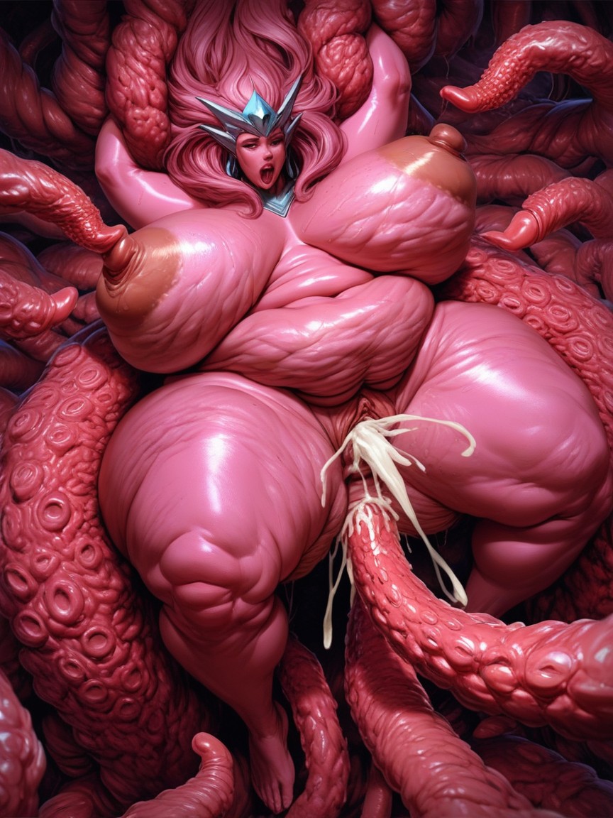 Mega Hyper Pink Lips, Hyper Ssbbw Fat, Tentacles Are Absorbing Her Head And Brain AI Porn