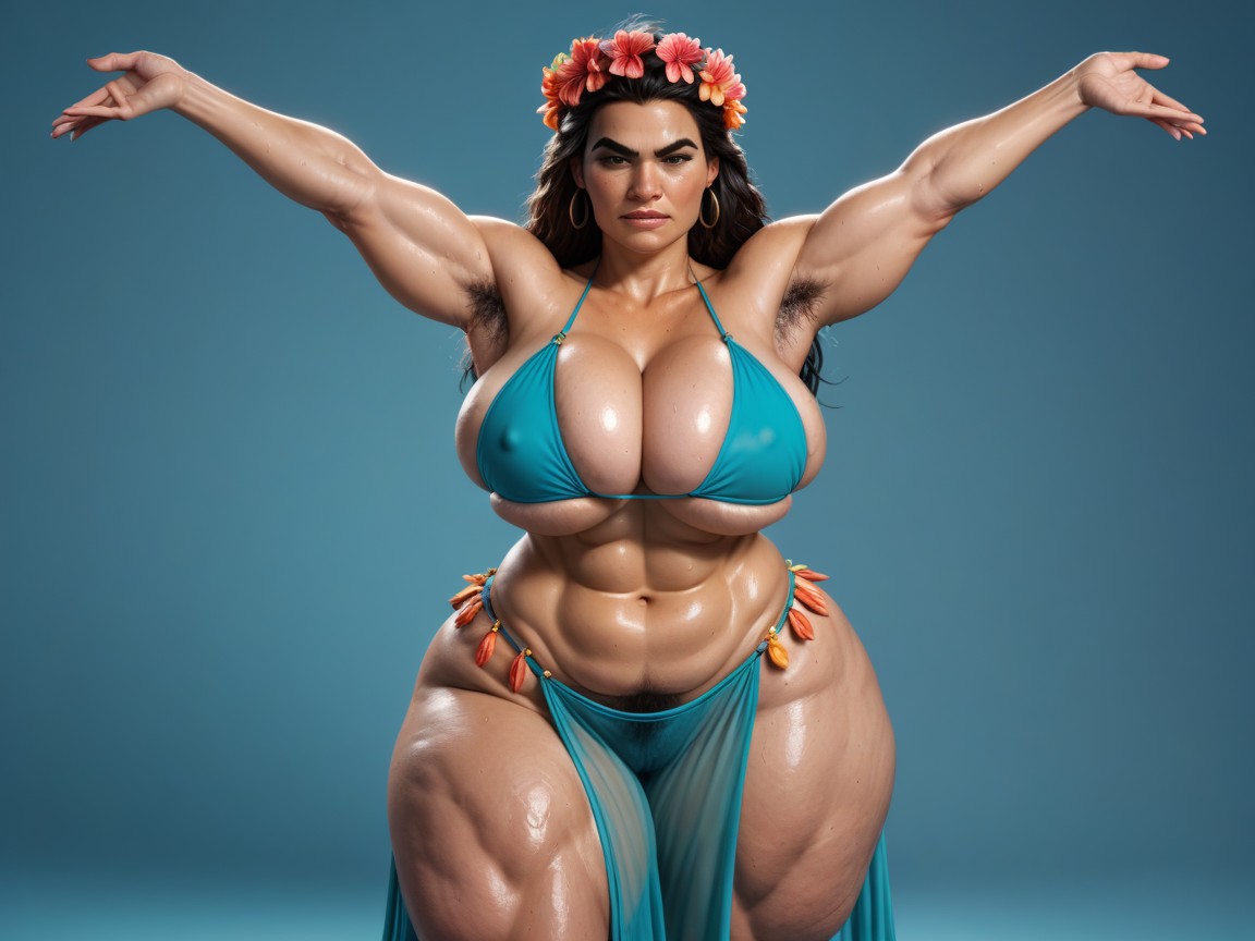 Cleavage, Armpit And Pubic Hair Soaked With Sweat, Large Hips MILF AI Porn