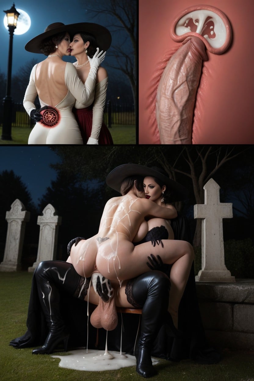 Dominant Giant Gigantic Futanari Glowing Eyes Dominant Alcina Dimitrescu Massive Veiny Balls, Kiss, Graveyard AI Porn