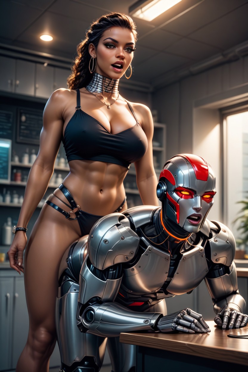 Human Male Bent Over, Human Male, Robot Dominatrix Wearing Tall High Heeled Wedges 라틴 AI 야짤