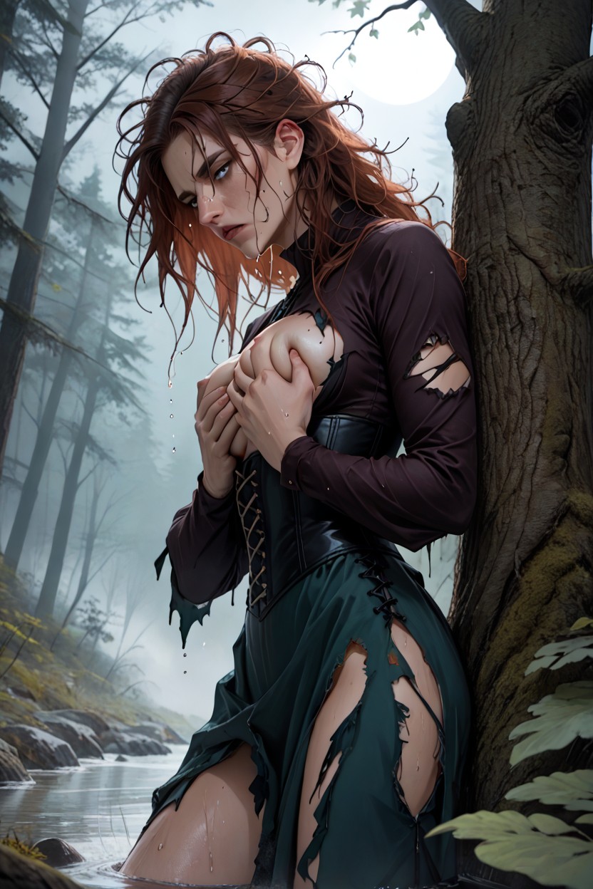 Against Tree, Ripped Clothes , Skinny AI Porn