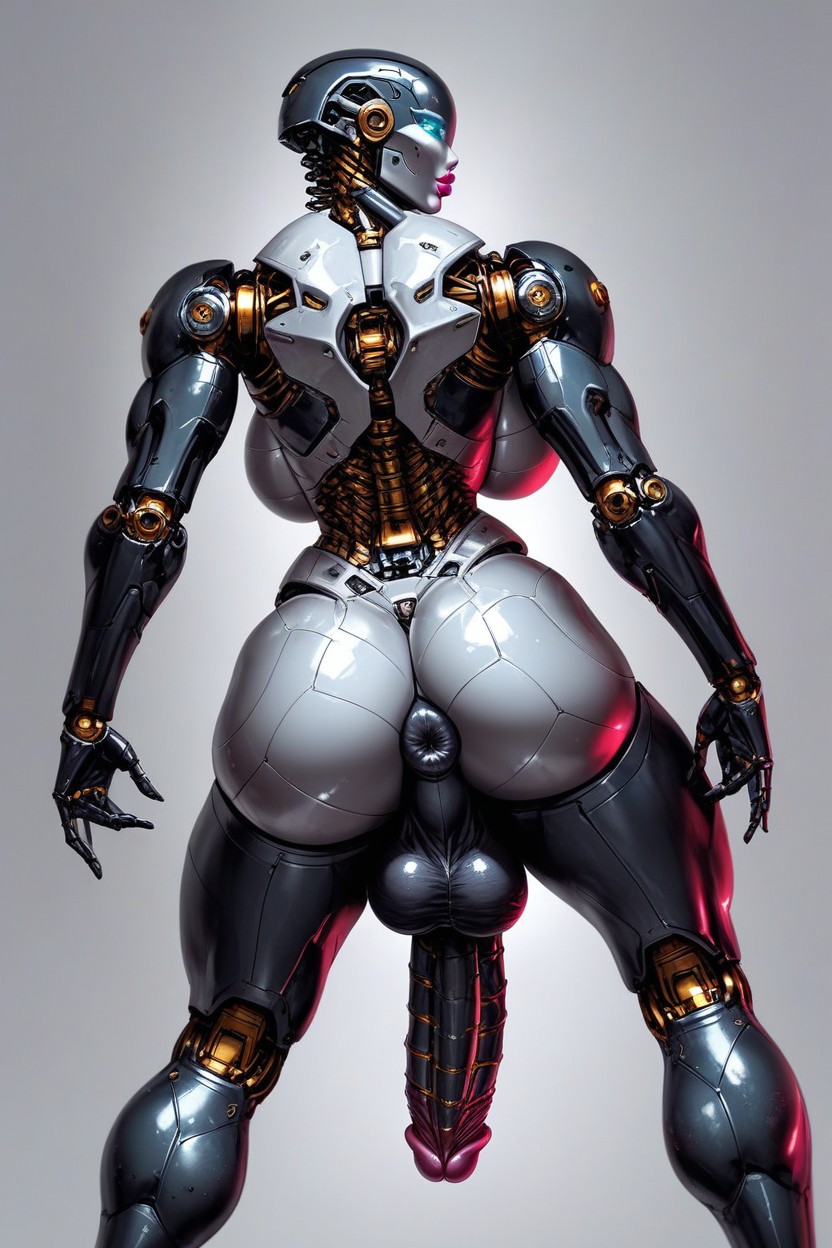 Highly Detailed Penis, Shiny Metallic Skin, Metal Bimbo Breasts Shemale AI Porn