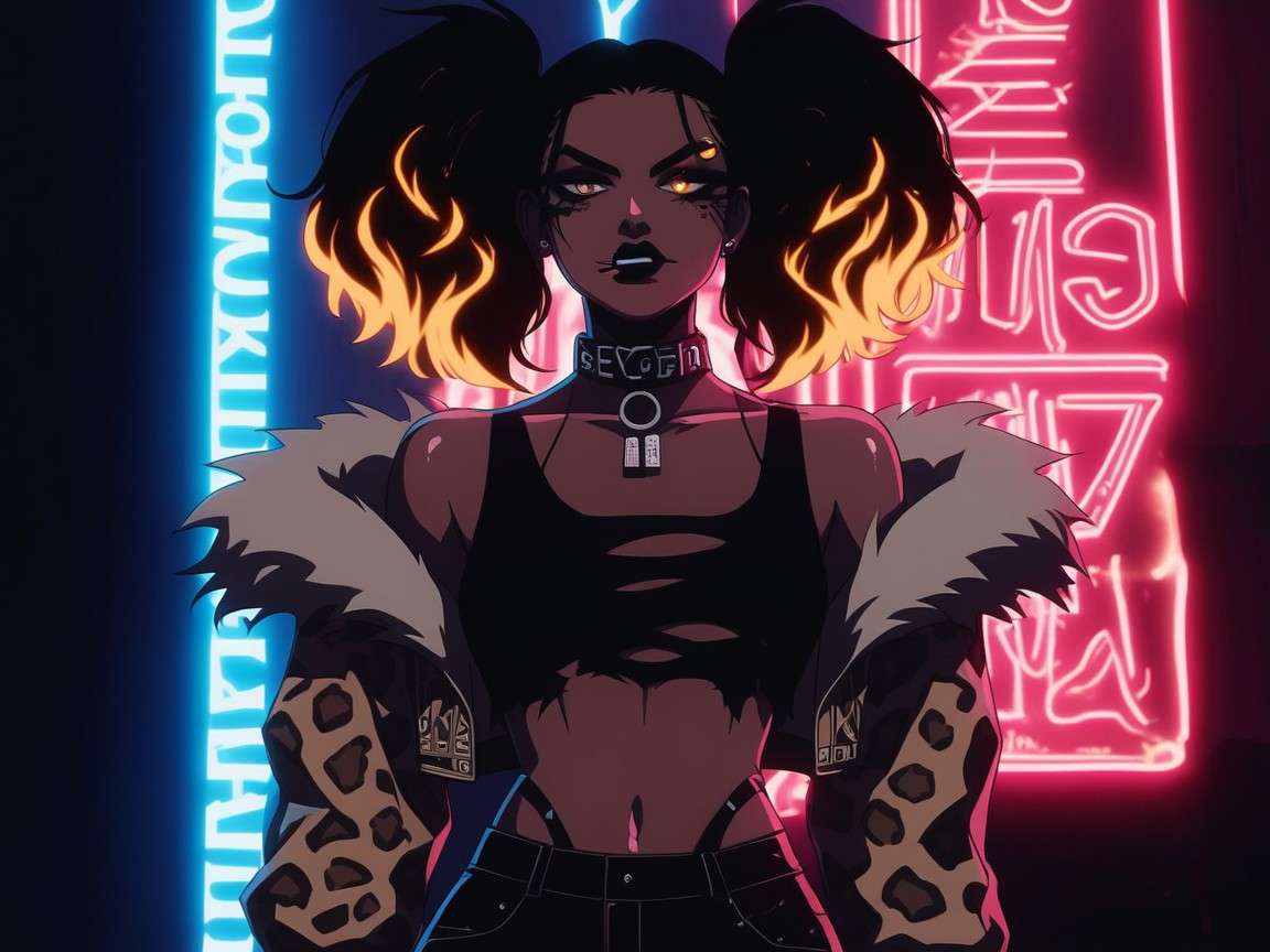 Neon Lights In Background, Breasts Apart, Black Lipstick Latina AI Porn