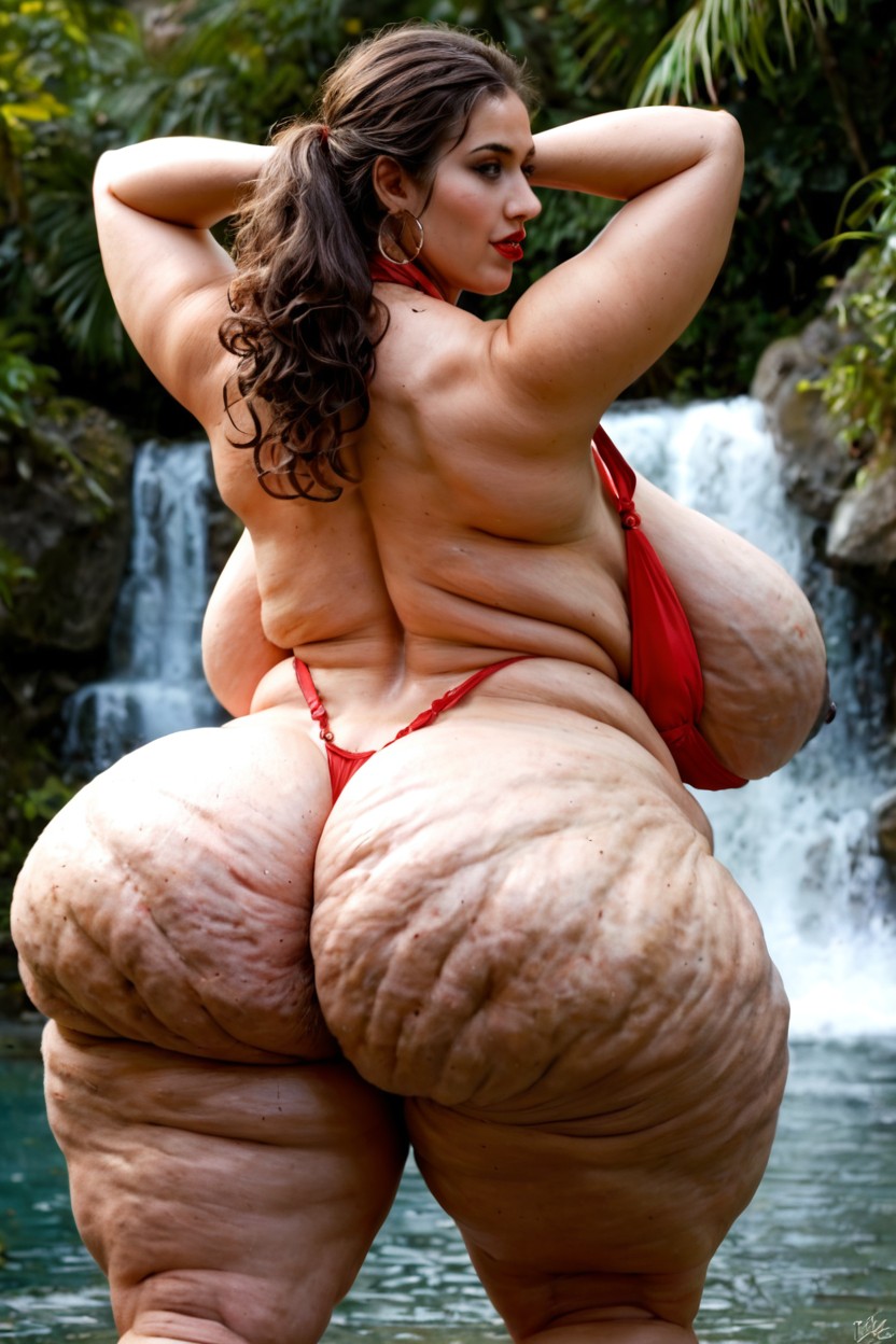 Big Dark Nipples, Slutty Expression, Hand Behind Her Head Combing Her Bun BBW AI Porn