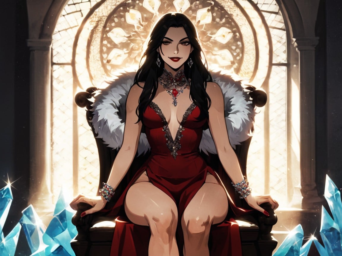 Sloped Shoulders, Royal Banners In Background, White Fur Scarf Porno IA Latina