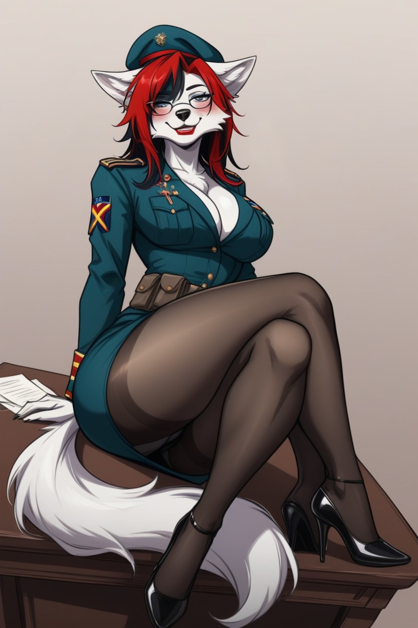 Cleavage, Black Glasses, Red Lips Furry AI Porn