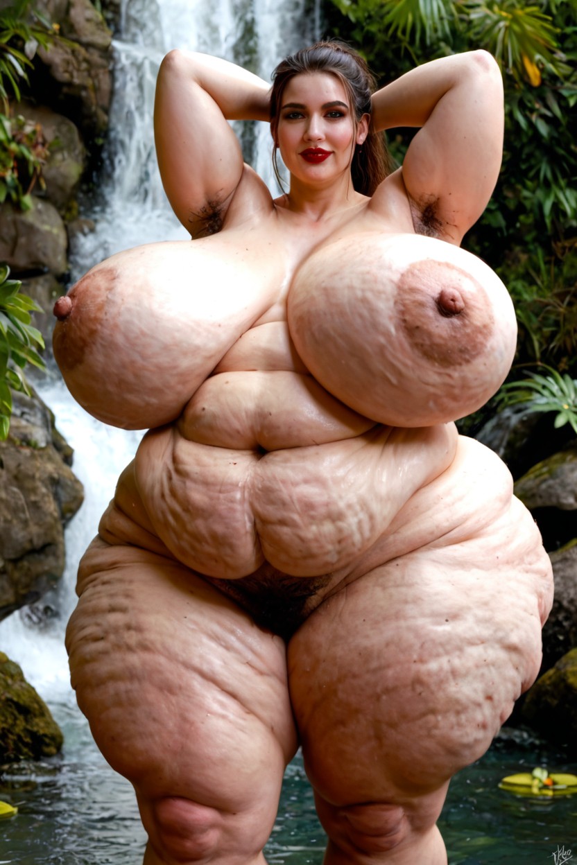 Sagging Breasts, Long Length, Standing In The Jungle In Front Of A Waterfall BBW AI Porn