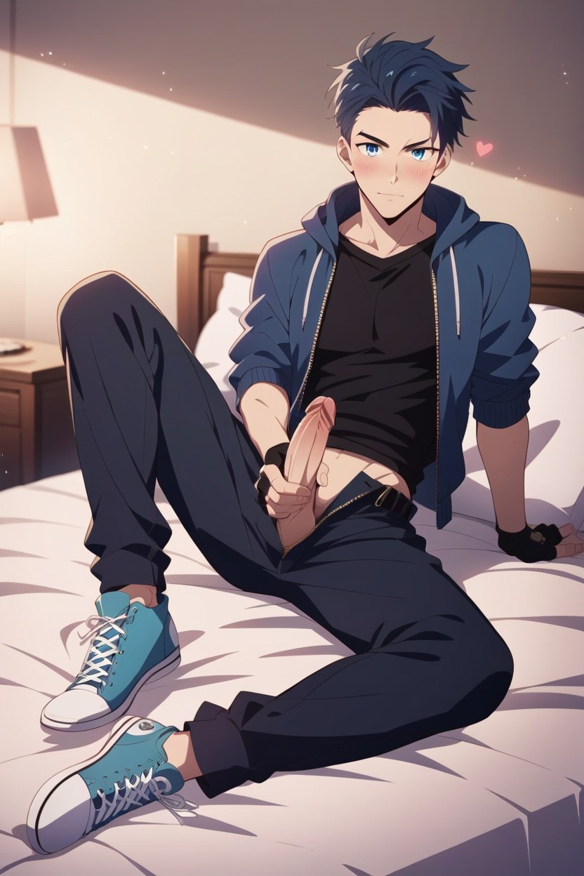 Wearing Very Dark Blue Converse Sneakers, Body Leaning On The Bed, Eighteen AI Gay Porn
