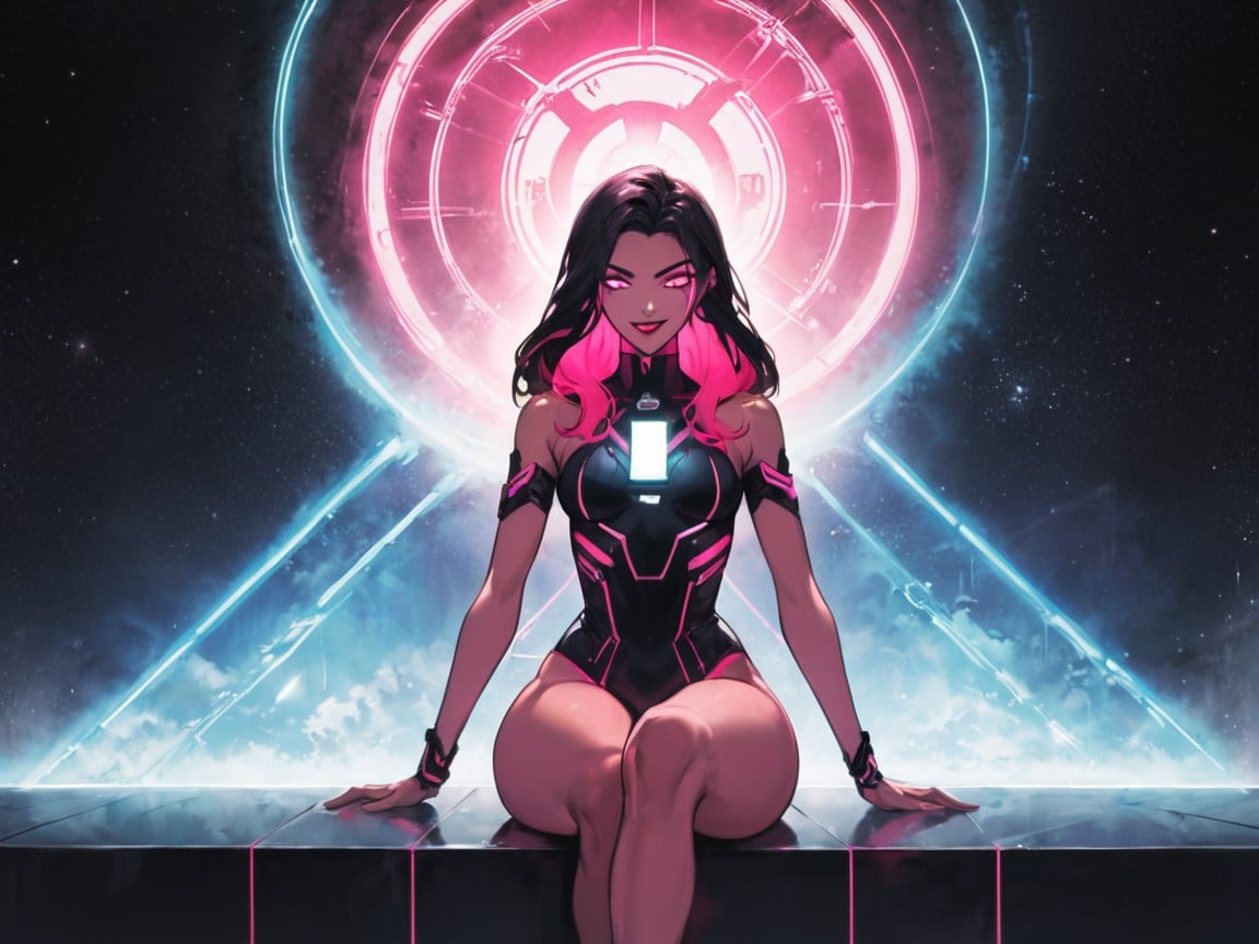 Holographic Data In Background, Neon Pink Cybernetic Enhancements, Nsfw Porno latina IA