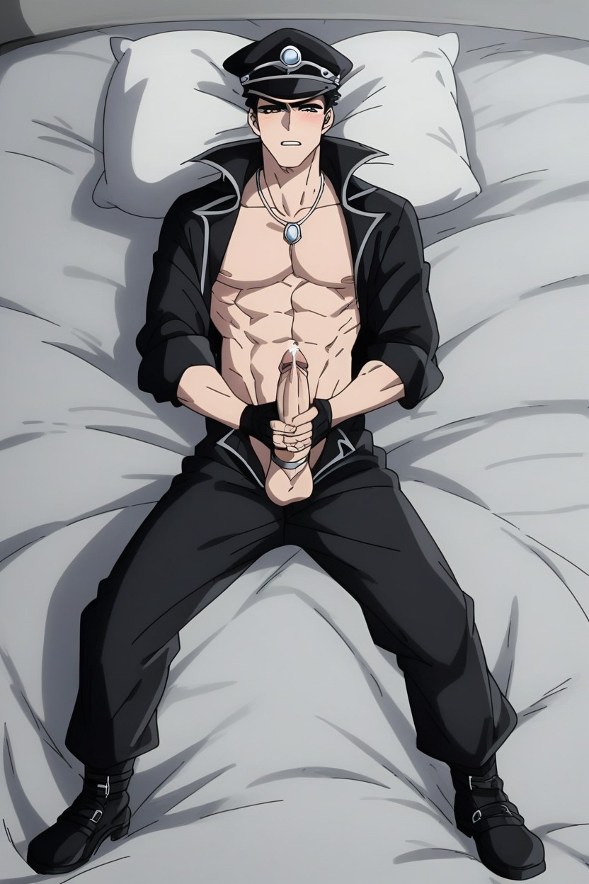 Background White Bed Sheets And White Pillows, Black Fingerless Gloves On Both Hands, Open Clothes AI Gay Porn