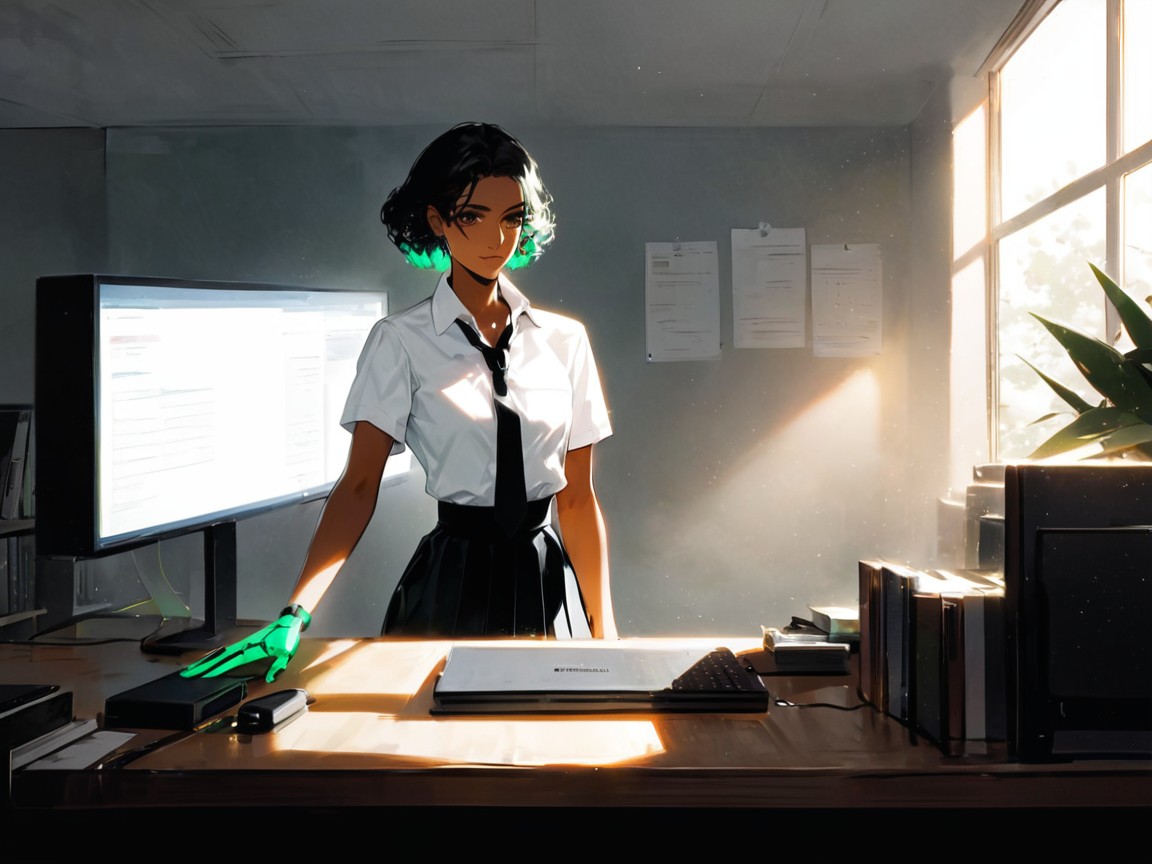 Green Glasses, Woman With A Cybernetic Neon Green Hand, Noir Lighting Porno IA Latina